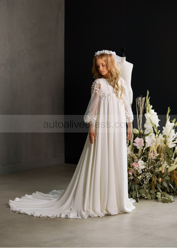 Long Sleeves Beaded Ivory Lace Chiffon Flower Girl Dress Long Sleeves Beaded Ivory Lace Chiffon Flower Girl Dress